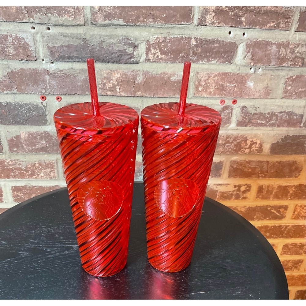 Starbucks Red Swirl Tumbler Venti 24oz‎ Reusable Cold Cup with Lid Straw Set